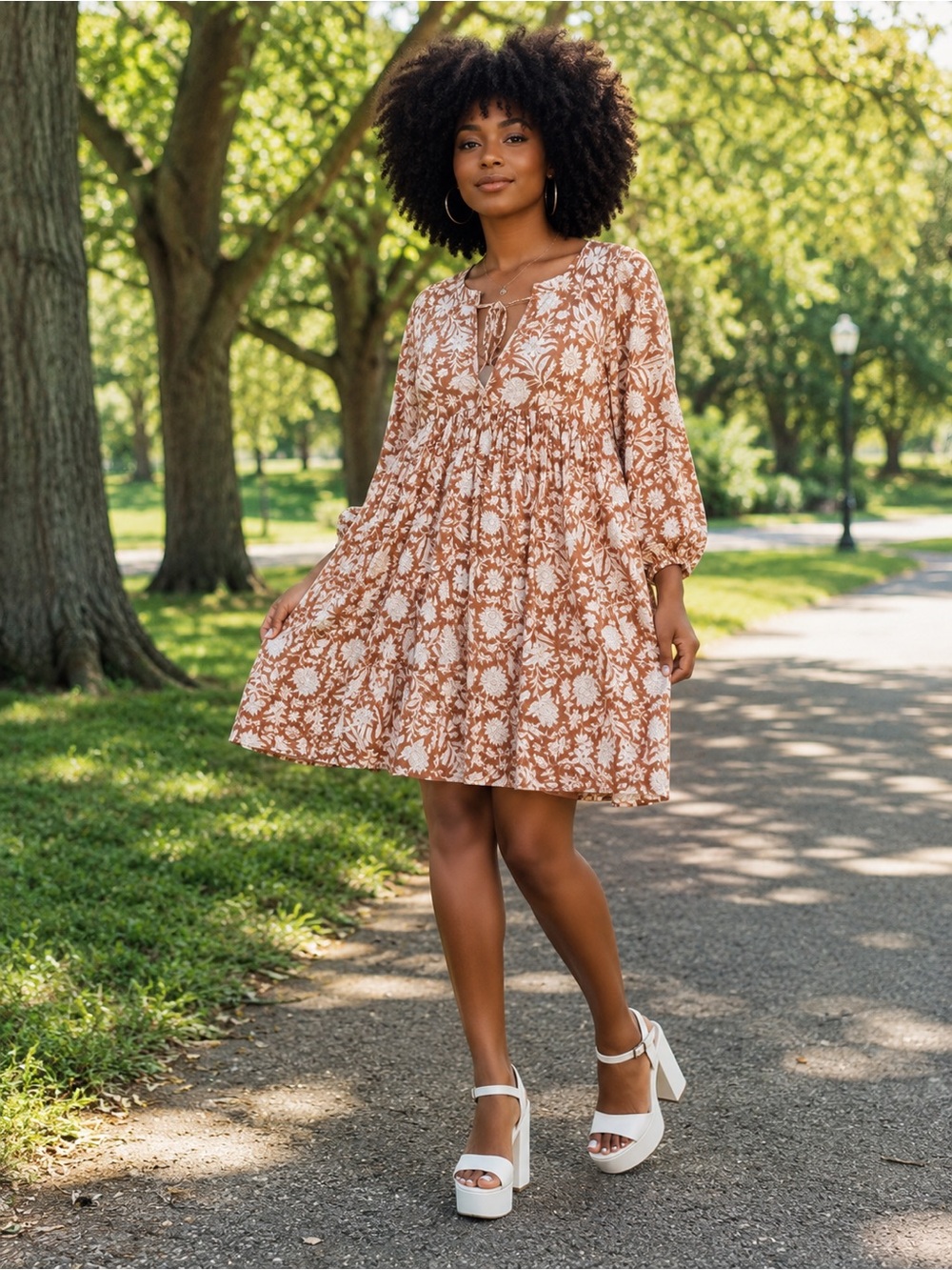 NATURAL LIFE Rust and White Floral Tie-Neck Mini Dress